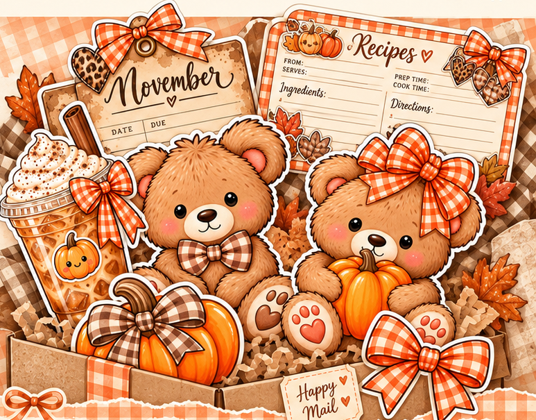 November Festive Post monthly happy mail with teddy bears, recipe card, pumpkin, bows, and cozy fall goodies